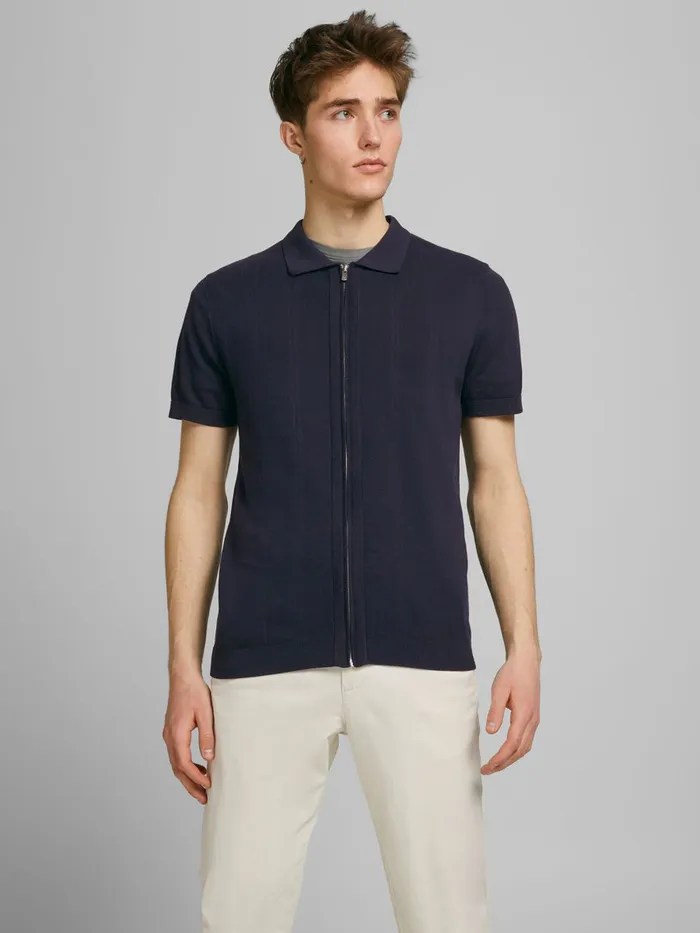 Knitwear JACK and JONES Mens ZIP CARDIGAN POLO SHIRT Blue New Navy Online