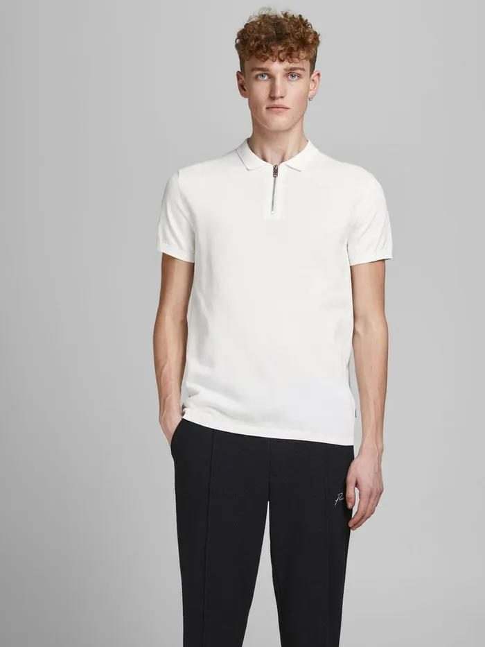 Knitwear JACK and JONES Mens ZIP TEXTURED POLO SHIRT White Egret Gift Ideas