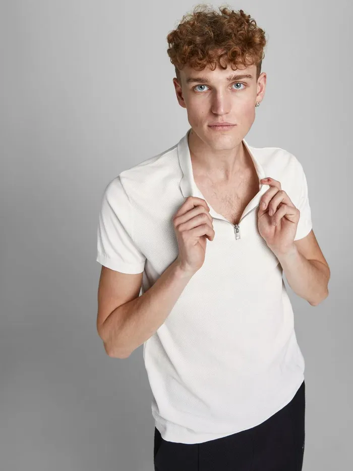 Knitwear JACK and JONES Mens ZIP TEXTURED POLO SHIRT White Egret Gift Ideas