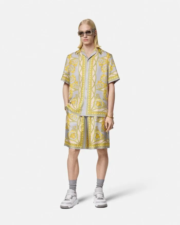 La Coupe Des Dieux Silk Shorts Grayprint Men Versace Pants and Shorts