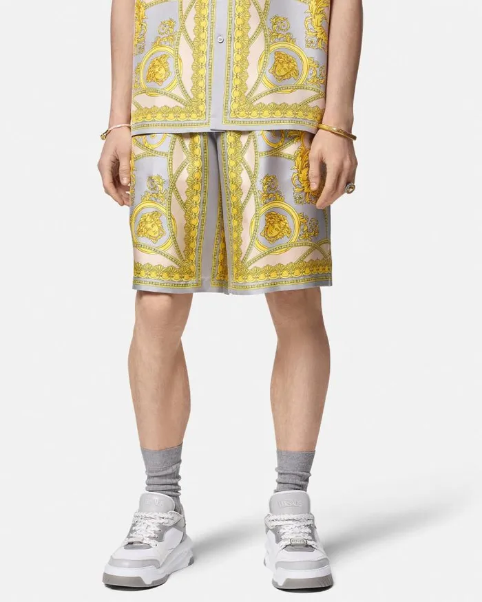 La Coupe Des Dieux Silk Shorts Grayprint Men Versace Pants and Shorts