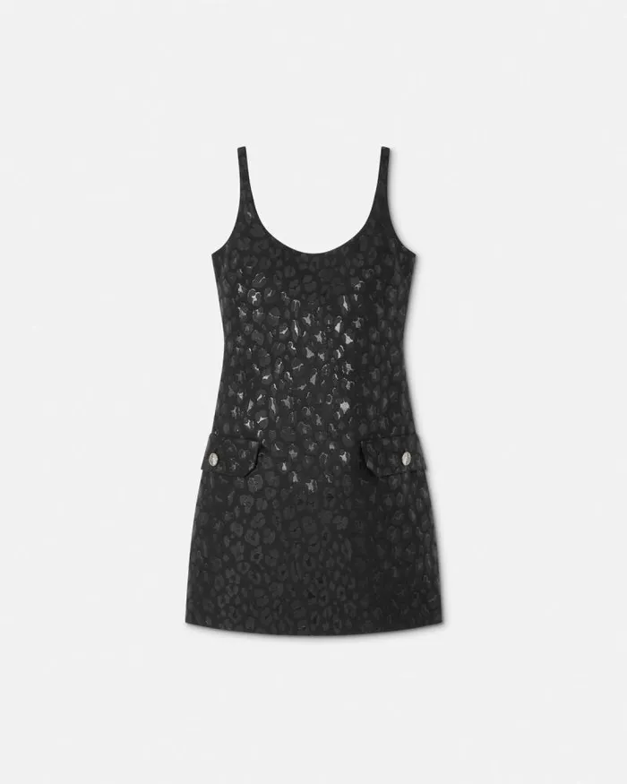 Leopard Jacquard Scoop Mini Dress Black Women Versace Dresses