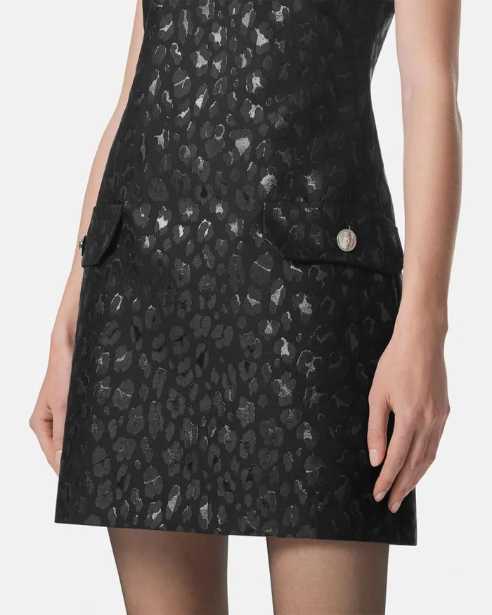 Leopard Jacquard Scoop Mini Dress Black Women Versace Dresses