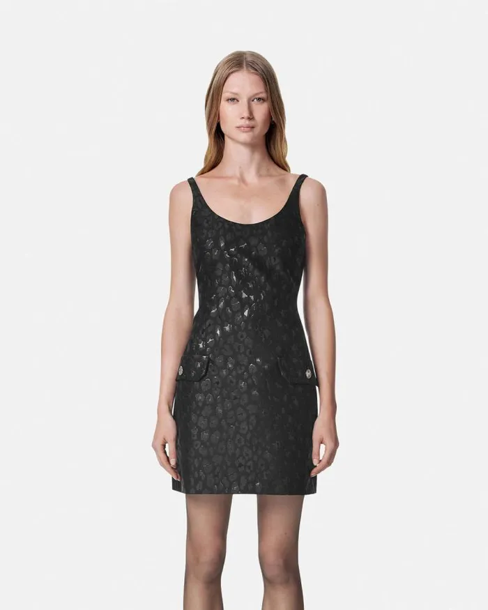 Leopard Jacquard Scoop Mini Dress Black Women Versace Dresses