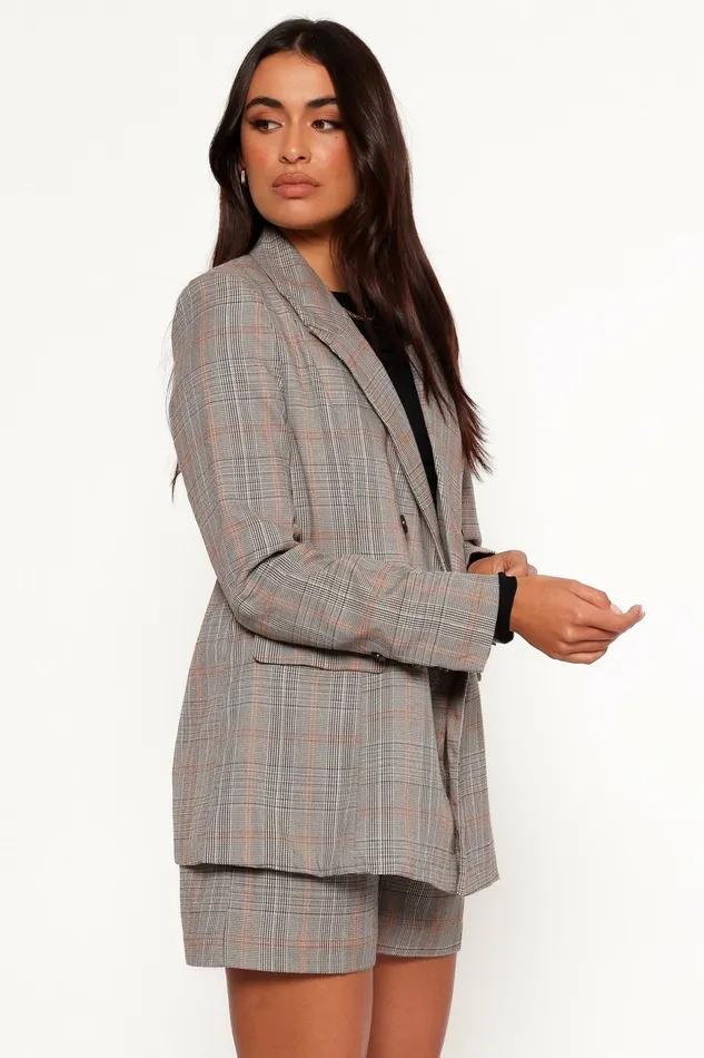 Lesia Double Button Fitted Plaid Blazer Taupe Multi Women Blazers Petal and Pup
