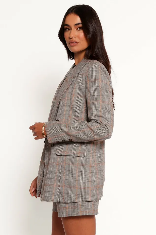Lesia Double Button Fitted Plaid Blazer Taupe Multi Women Blazers Petal and Pup
