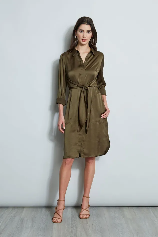 Long Sleeve Dresses Women Elie Tahari Satin Tie Shirt Dress SAVOY