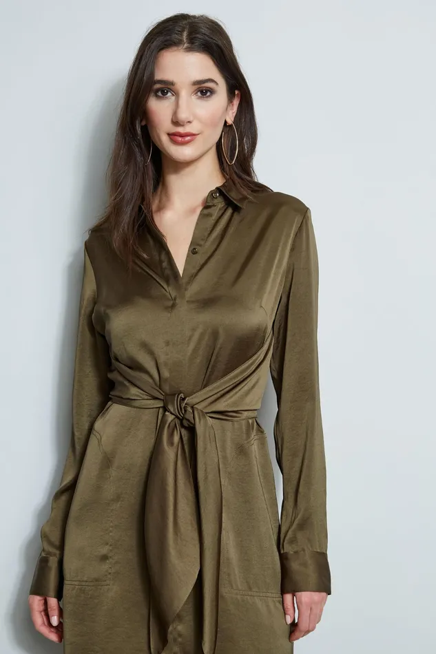 Long Sleeve Dresses Women Elie Tahari Satin Tie Shirt Dress SAVOY