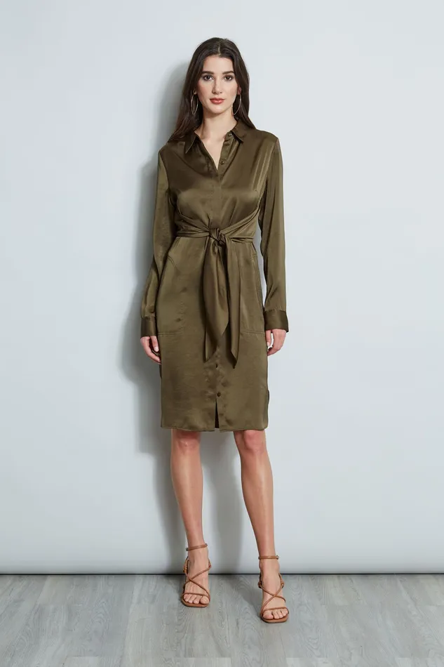 Long Sleeve Dresses Women Elie Tahari Satin Tie Shirt Dress SAVOY