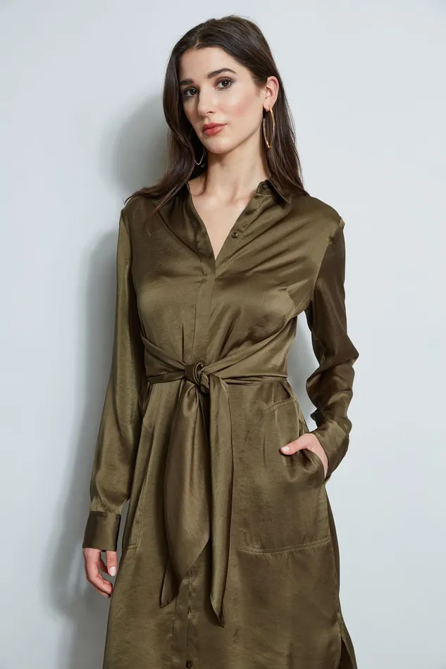 Long Sleeve Dresses Women Elie Tahari Satin Tie Shirt Dress SAVOY