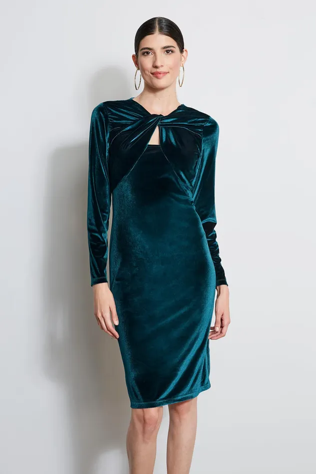 Long Sleeve Dresses Women Elie Tahari Twist Neck Velvet Dress BOTTLE GREEN