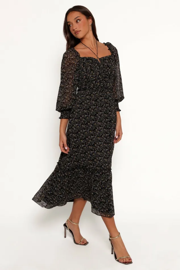 Long Sleeve Dresses Women Keziah Long Sleeve Maxi Dress Navy Ditsy Floral Petal and Pup