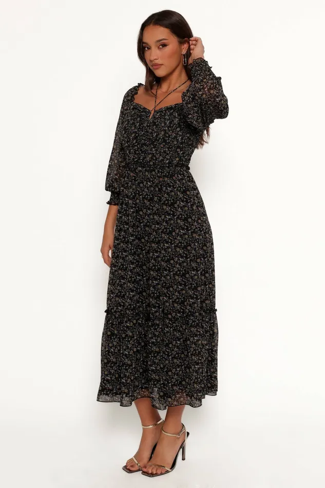 Long Sleeve Dresses Women Keziah Long Sleeve Maxi Dress Navy Ditsy Floral Petal and Pup