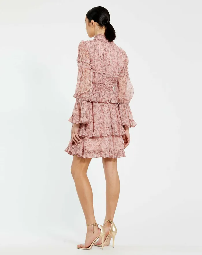 Long Sleeve Open Front High Neck Ruffle Mini Dress Cinnamon Women Daytime Dresses Mac Duggal