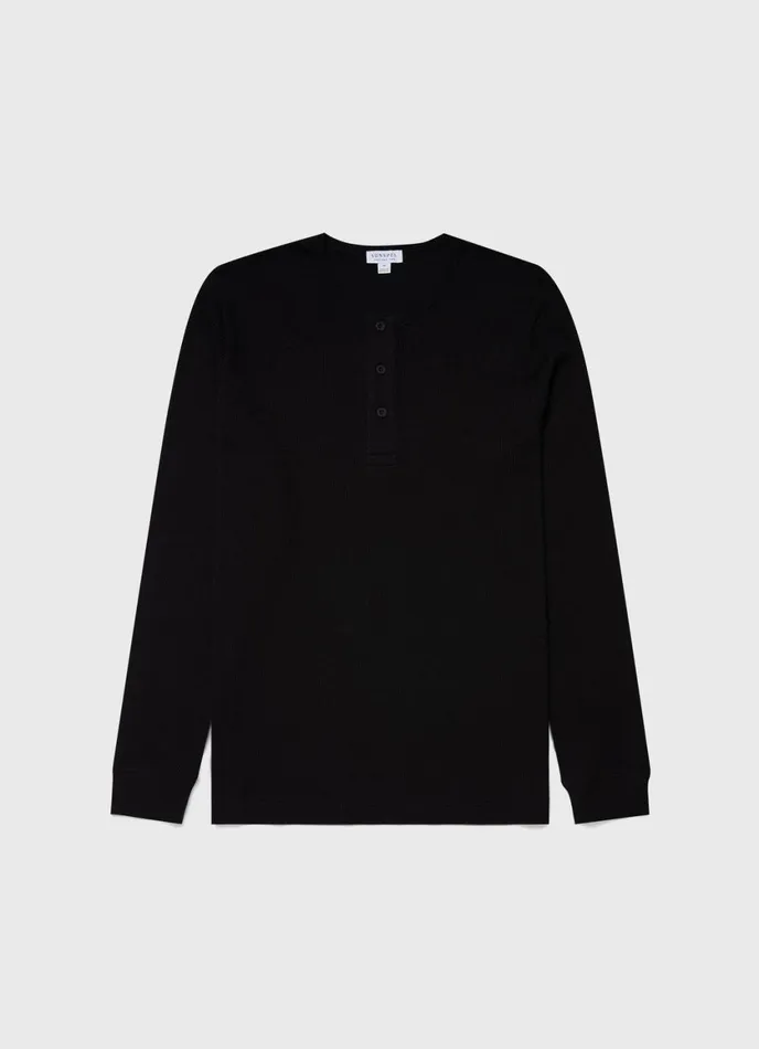 Long Sleeve Waffle Henley Black Men SUNSPEL Tshirts