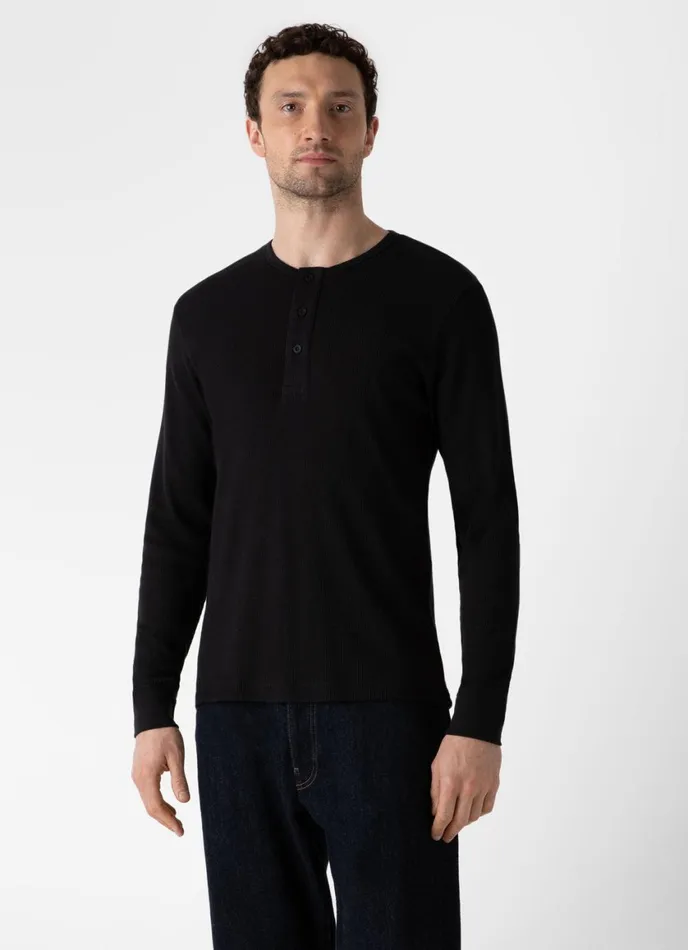 Long Sleeve Waffle Henley Black Men SUNSPEL Tshirts