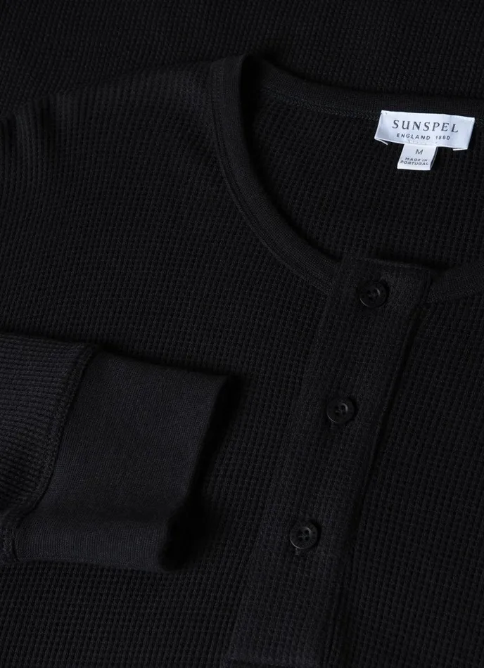 Long Sleeve Waffle Henley Black Men SUNSPEL Tshirts