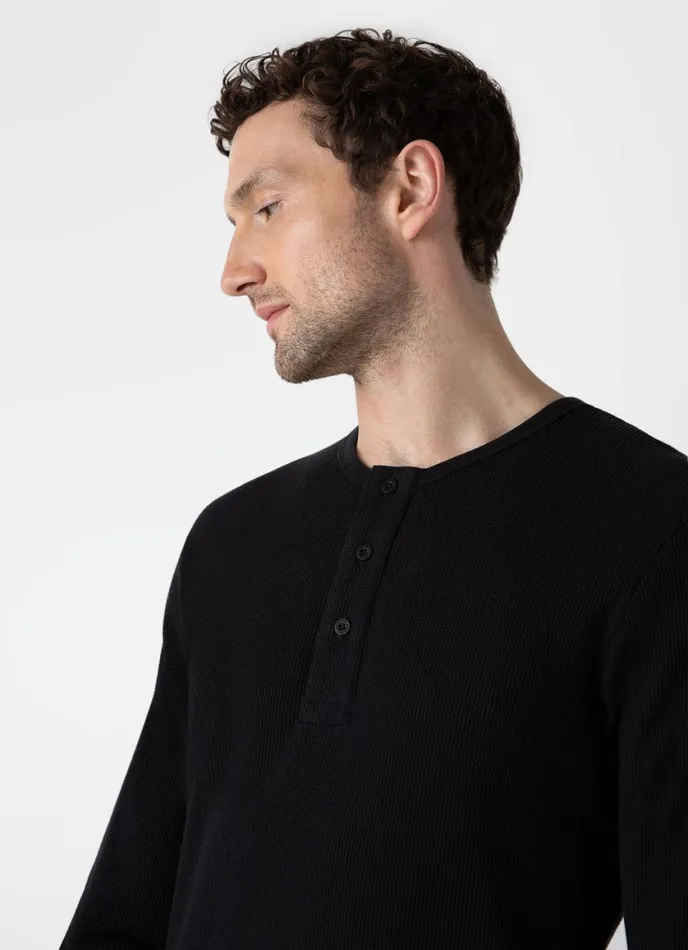 Long Sleeve Waffle Henley Black Men SUNSPEL Tshirts