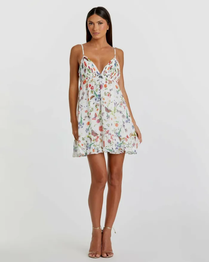 Mac Duggal Butterfly Print Ruffle Hem Mini Dress White Multi Women Daytime Dresses Mac Duggal Butterfly Print Ruffle Hem Mini Dress White Multi Women Daytime Dresses