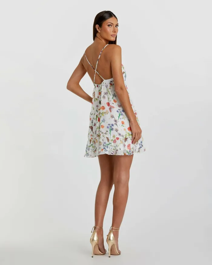 Mac Duggal Butterfly Print Ruffle Hem Mini Dress White Multi Women Daytime Dresses