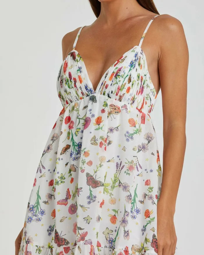 Mac Duggal Butterfly Print Ruffle Hem Mini Dress White Multi Women Daytime Dresses