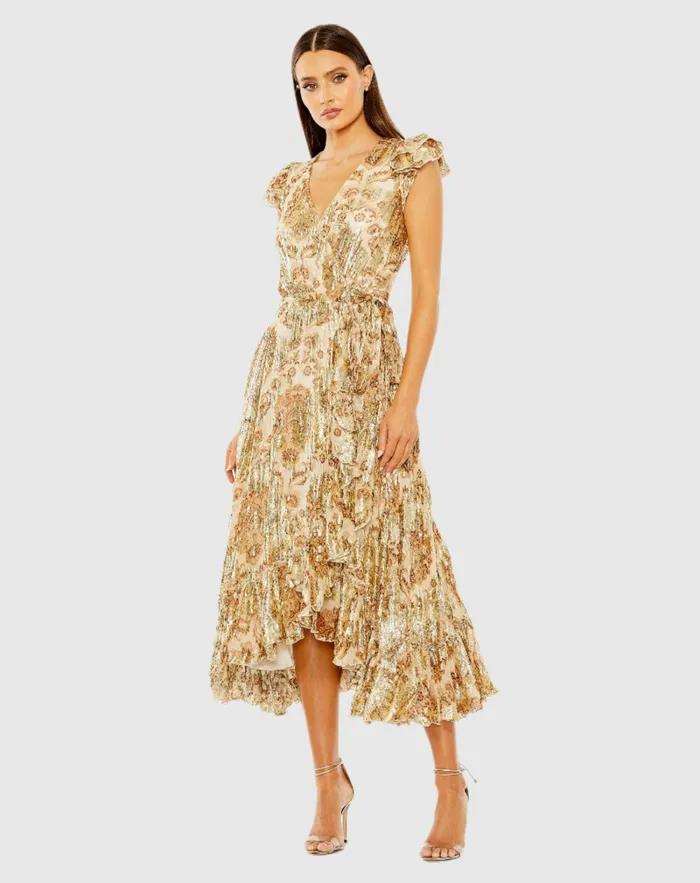 Mac Duggal Daytime Dresses Women Flutter Sleeve Floral Wrap Dress Cream Multi