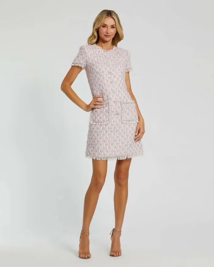 Mac Duggal Daytime Dresses Women Pink Cap Sleeve Floral Button Detail Shift Dress Pink Multi