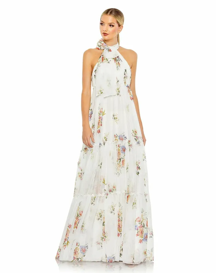 Mac Duggal Evening Gowns Women Floral Print Ruched Tiered High Neck Bow Gown White Multi Mac Duggal Evening Gowns Women Floral Print Ruched Tiered High Neck Bow Gown White Multi