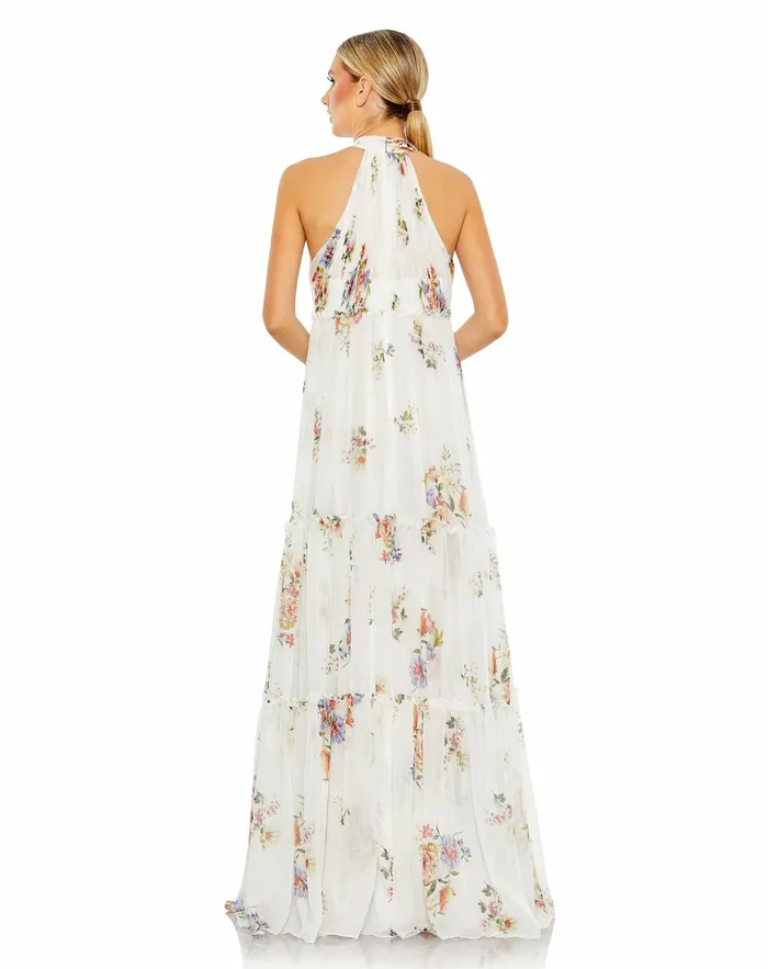 Mac Duggal Evening Gowns Women Floral Print Ruched Tiered High Neck Bow Gown White Multi
