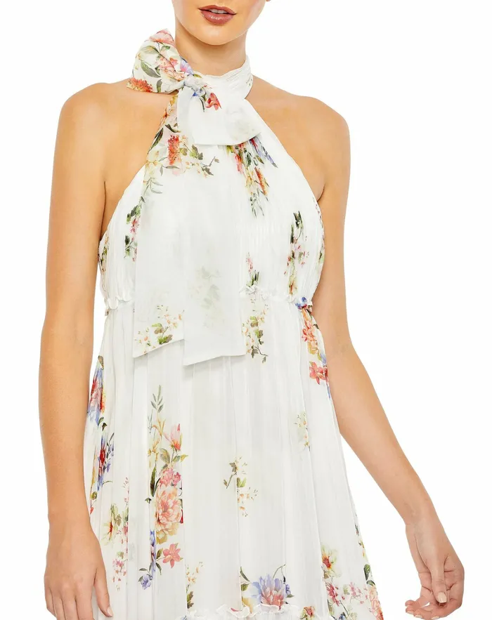 Mac Duggal Evening Gowns Women Floral Print Ruched Tiered High Neck Bow Gown White Multi