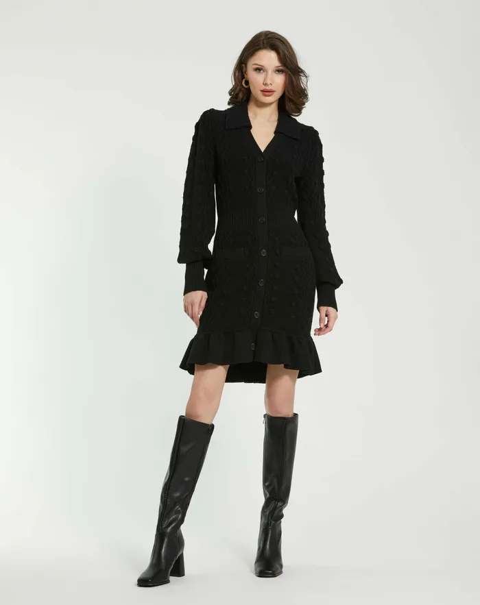 Mac Duggal Knitwear Women Long Sleeve Button Up Collared Bobble Knit Sweater Dress Black Mac Duggal Knitwear Women Long Sleeve Button Up Collared Bobble Knit Sweater Dress Black