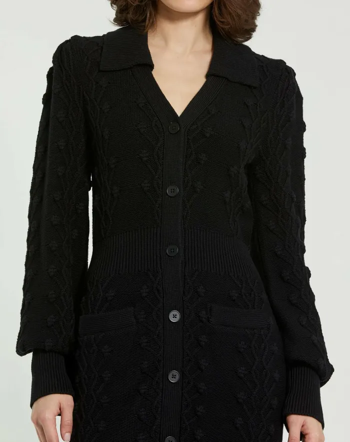 Mac Duggal Knitwear Women Long Sleeve Button Up Collared Bobble Knit Sweater Dress Black