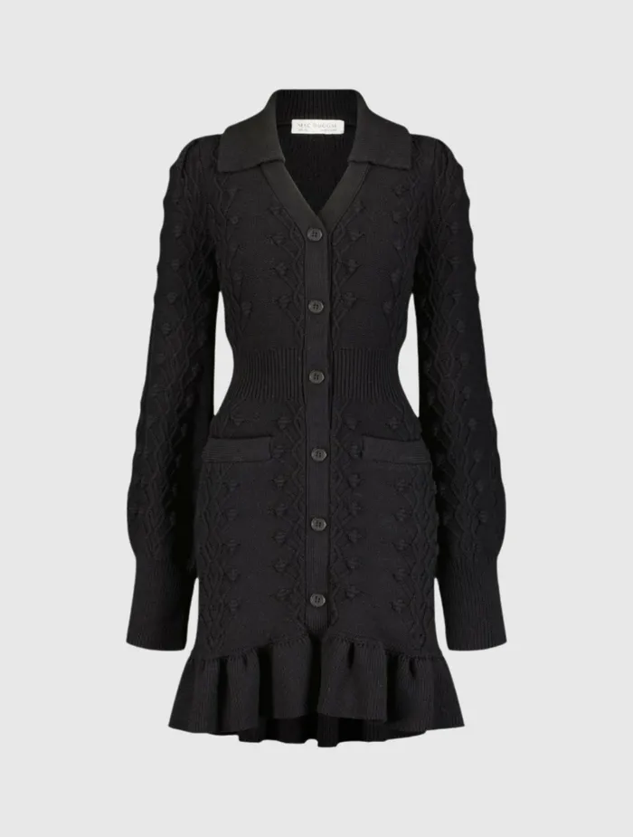 Mac Duggal Knitwear Women Long Sleeve Button Up Collared Bobble Knit Sweater Dress Black