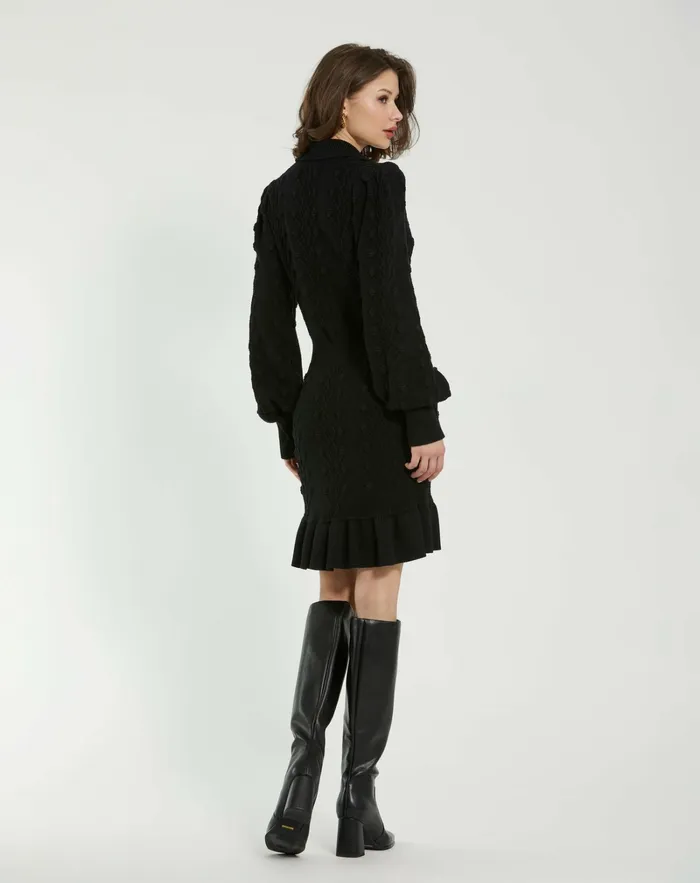 Mac Duggal Knitwear Women Long Sleeve Button Up Collared Bobble Knit Sweater Dress Black