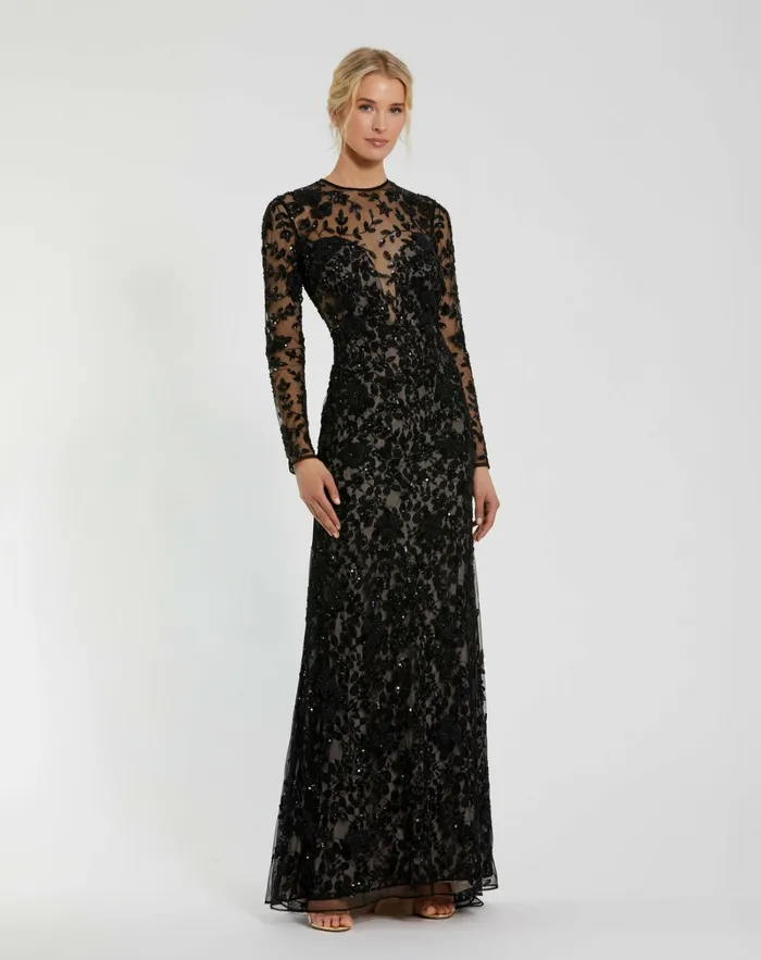 Mac Duggal Long Sleeve Floral Embellished Gown Black Nude Women Best Sellers
