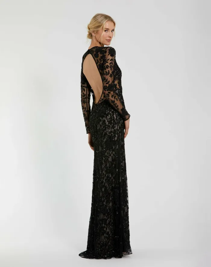 Mac Duggal Long Sleeve Floral Embellished Gown Black Nude Women Best Sellers Mac Duggal Long Sleeve Floral Embellished Gown Black Nude Women Best Sellers