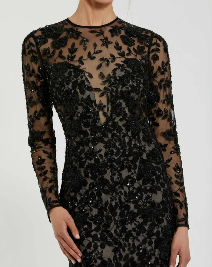Mac Duggal Long Sleeve Floral Embellished Gown Black Nude Women Best Sellers Mac Duggal Long Sleeve Floral Embellished Gown Black Nude Women Best Sellers