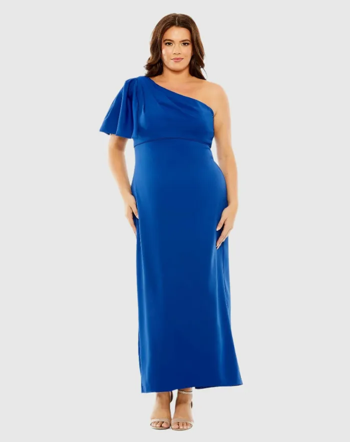Mac Duggal One Shoulder Tea Length Crepe Dress Plus 8211 FINAL SALE Cobalt Women Plus Size Dresses Mac Duggal One Shoulder Tea Length Crepe Dress Plus 8211 FINAL SALE Cobalt Women Plus Size Dresses