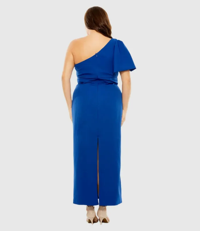Mac Duggal One Shoulder Tea Length Crepe Dress Plus 8211 FINAL SALE Cobalt Women Plus Size Dresses