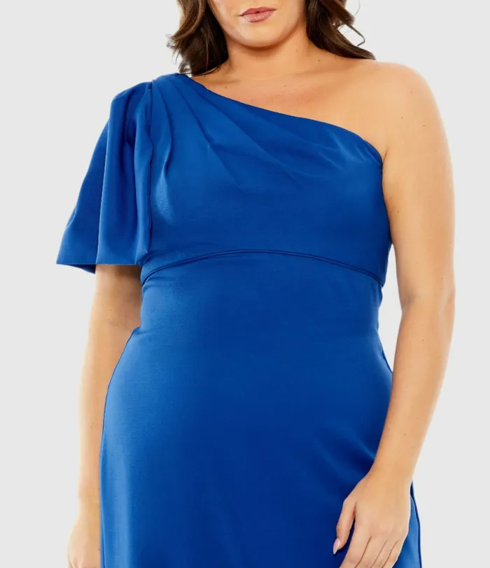 Mac Duggal One Shoulder Tea Length Crepe Dress Plus 8211 FINAL SALE Cobalt Women Plus Size Dresses