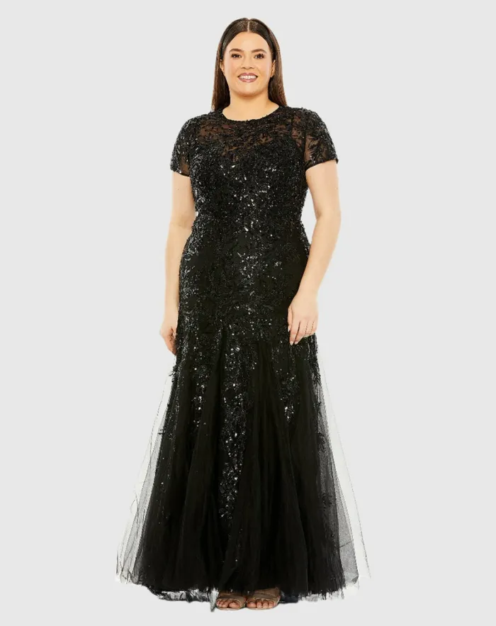 Mac Duggal Plus Size Dresses Women Short Sleeve Heavy Applique Dress Black