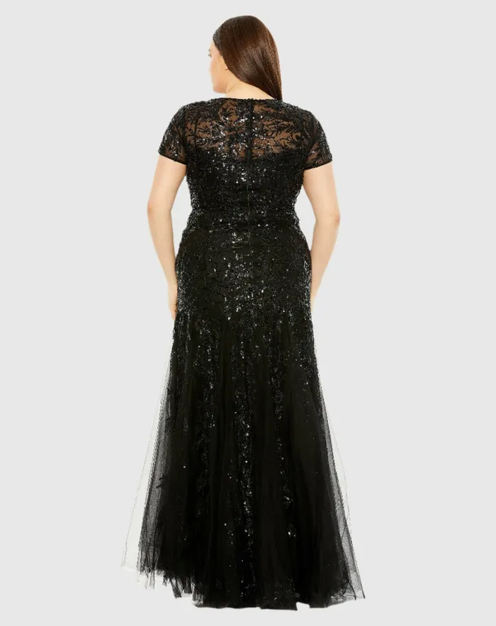 Mac Duggal Plus Size Dresses Women Short Sleeve Heavy Applique Dress Black Mac Duggal Plus Size Dresses Women Short Sleeve Heavy Applique Dress Black