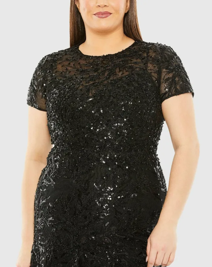 Mac Duggal Plus Size Dresses Women Short Sleeve Heavy Applique Dress Black Mac Duggal Plus Size Dresses Women Short Sleeve Heavy Applique Dress Black