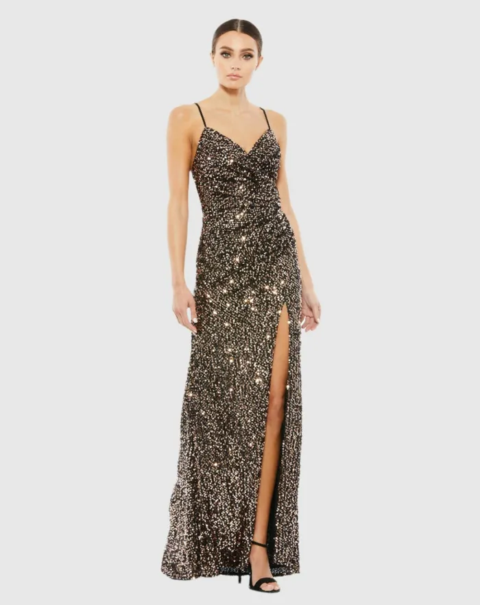 Mac Duggal Sequined Gather Waist Gown Bronze Women Evening Gowns
