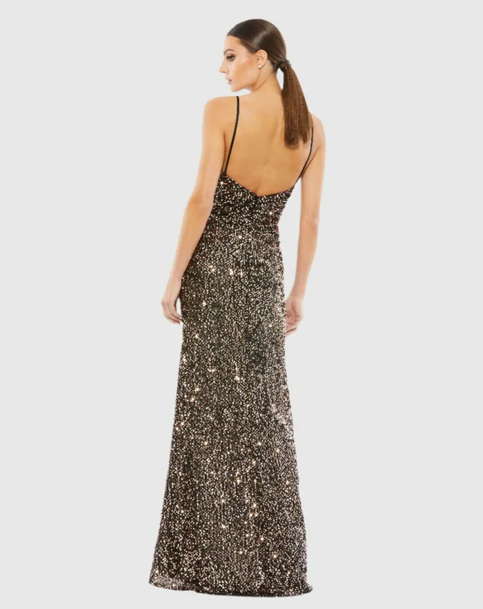 Mac Duggal Sequined Gather Waist Gown Bronze Women Evening Gowns