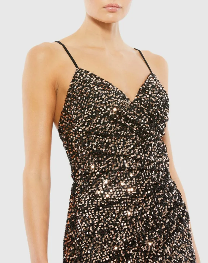 Mac Duggal Sequined Gather Waist Gown Bronze Women Evening Gowns
