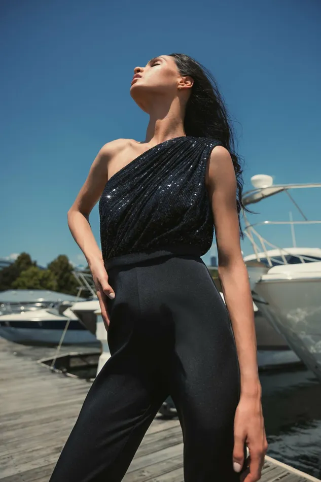 Mac Duggal Sequined One Shoulder Jumpsuit 8211 FINAL SALE Black Women Jumpsuits and Rompers
