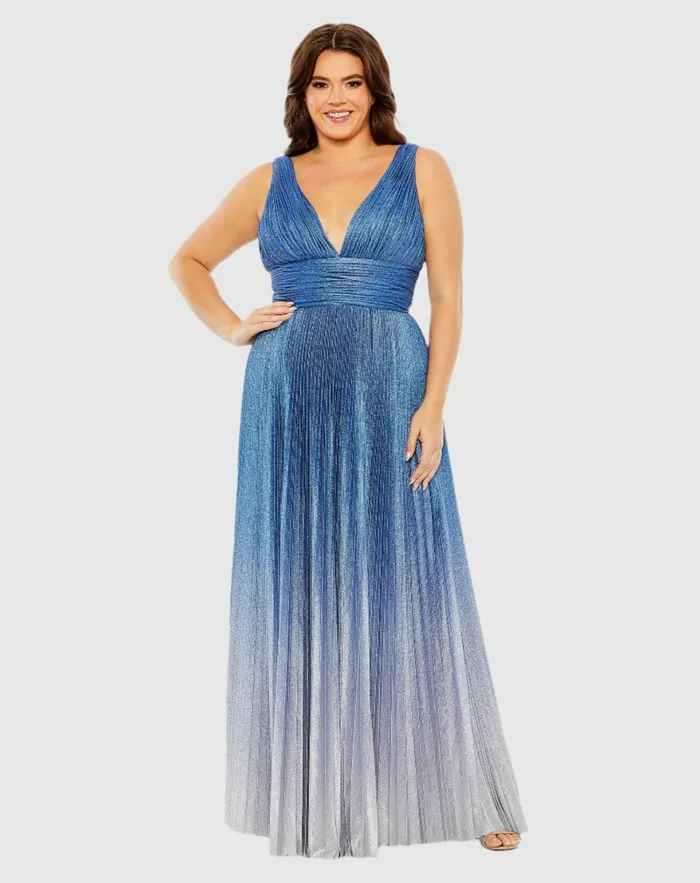 Mac Duggal VNeck Ombre Pleated Gown Sapphire Ombre Women Plus Size Dresses