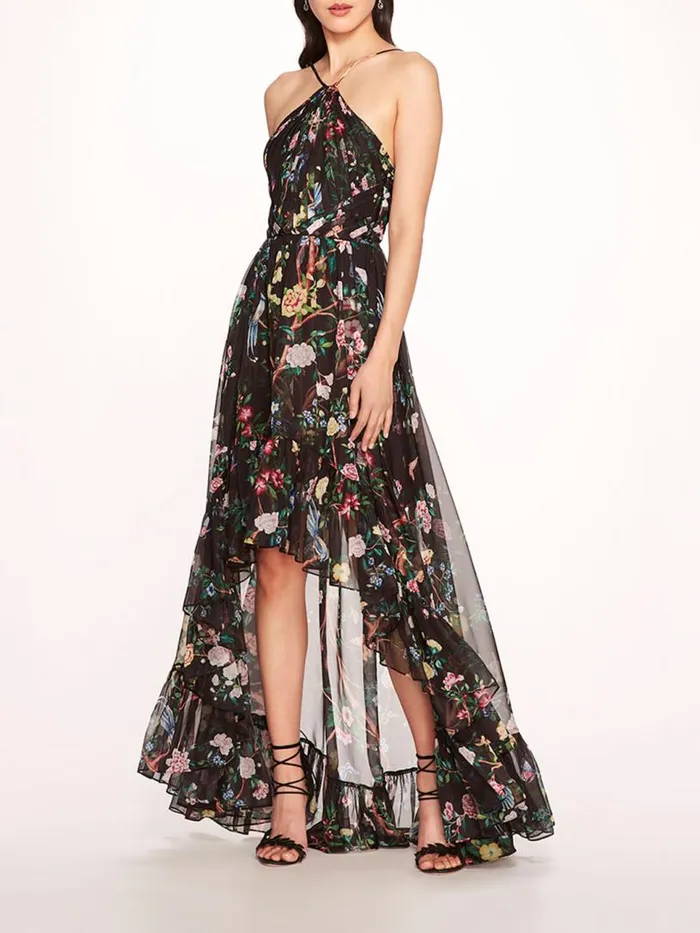 Marchesa Marchesa Notte Flowering Halter HighLow Gown Black Multi 8211 Women