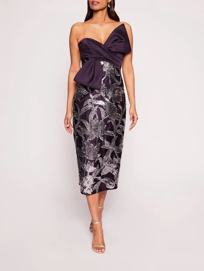 Marchesa Marchesa Notte Lotus Sequin Midi Dress Aubergine Gunmetal 8211 Women